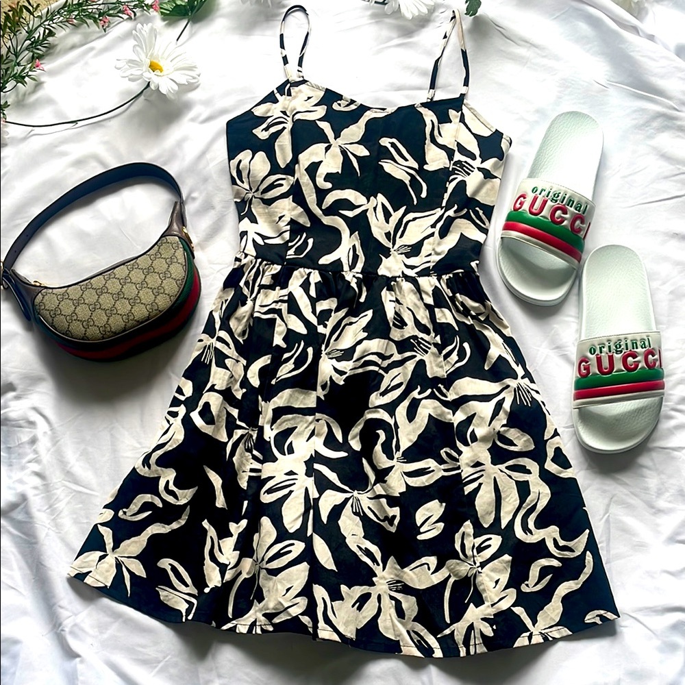 H&M Black White Floral Cotton Skater Mini Dress Spaghetti Strap Elastic XS